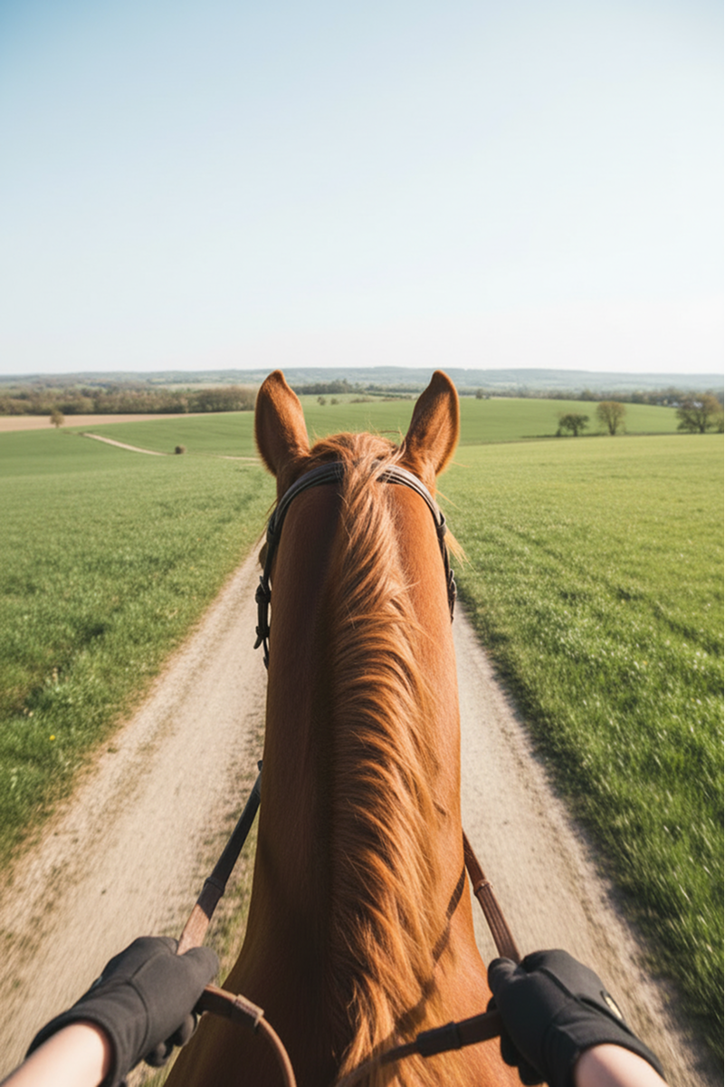 Riding a horse down a country track, seen from the saddle
